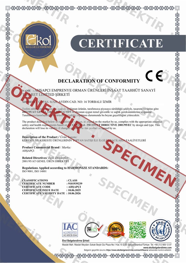2001/95/AT Declaration of Conformity (CE) belgesi — örnektir