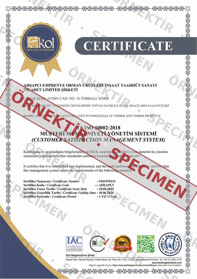 TS ISO 10002:2018 Customer Satisfaction Management System belgesi — örnektir