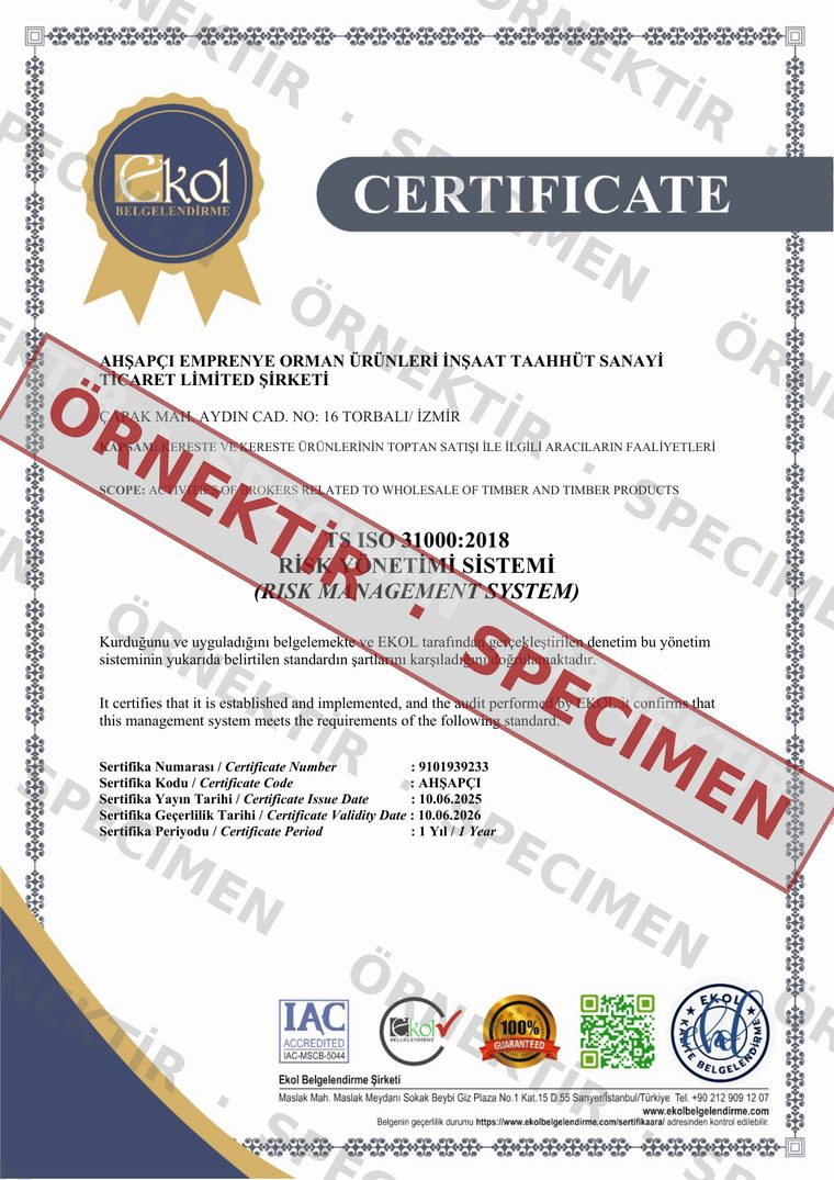 TS ISO 31000:2018 Risk Management System belgesi — örnektir